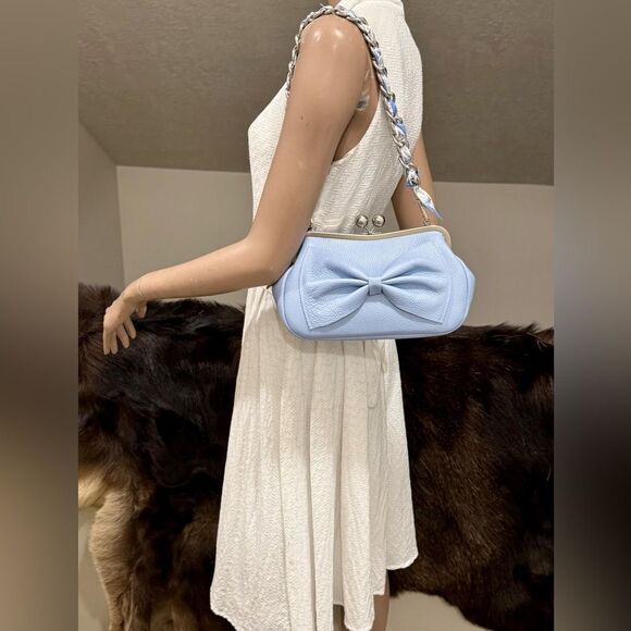 Blue Togo Cowhide Leather Handmade Large Bow Kisslock Bag With 3 Strap Styles - Picture 2 of 16